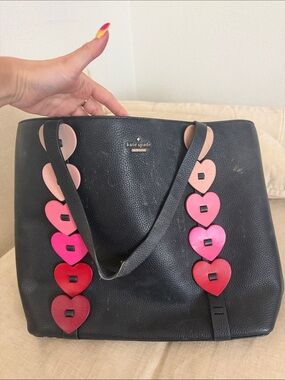 kate spade Black Leather Tote with Pink, Hot Pink & Red Heart Strap Accents